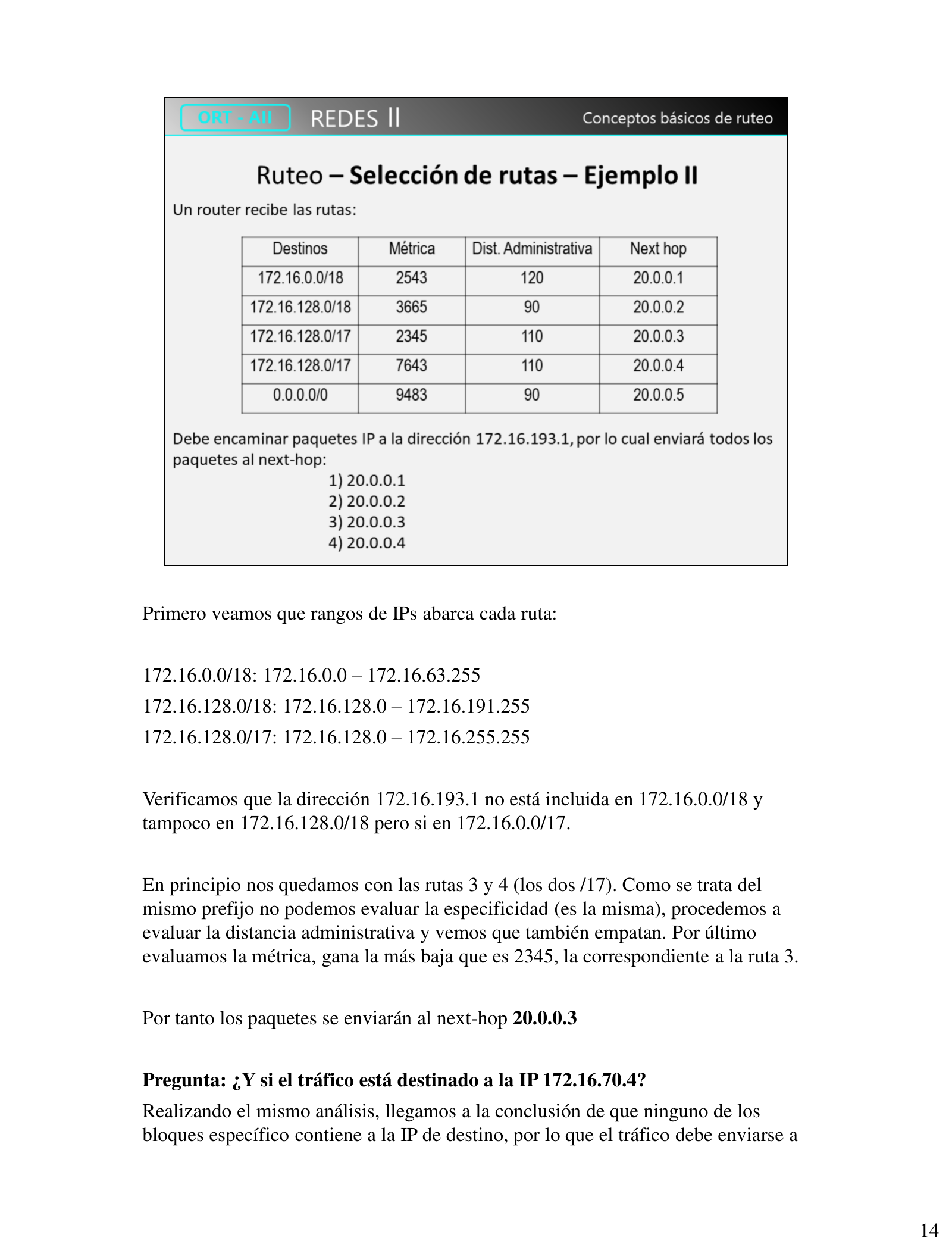 Tabla de rutas del Ejemplo II con destinos, métrica, distancia administrativa y next-hop, para decidir el next-hop de 172.16.193.1