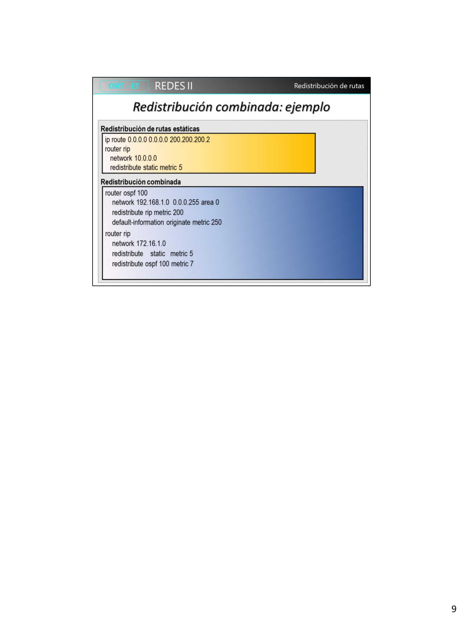 Ejemplo de redistribución combinada: rutas estáticas, RIP y OSPF