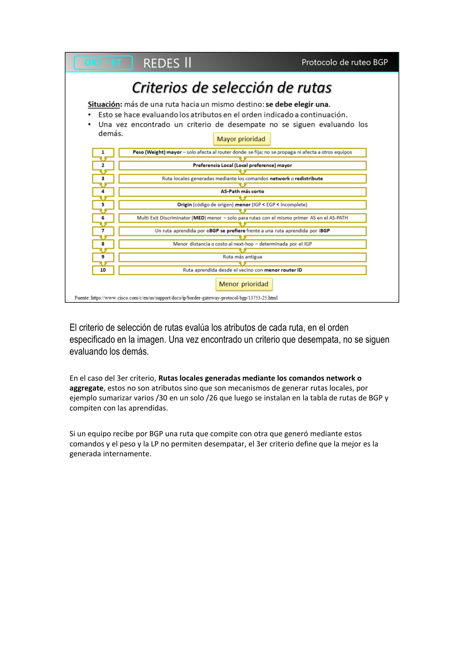 Tabla de los 10 criterios de selección de rutas BGP