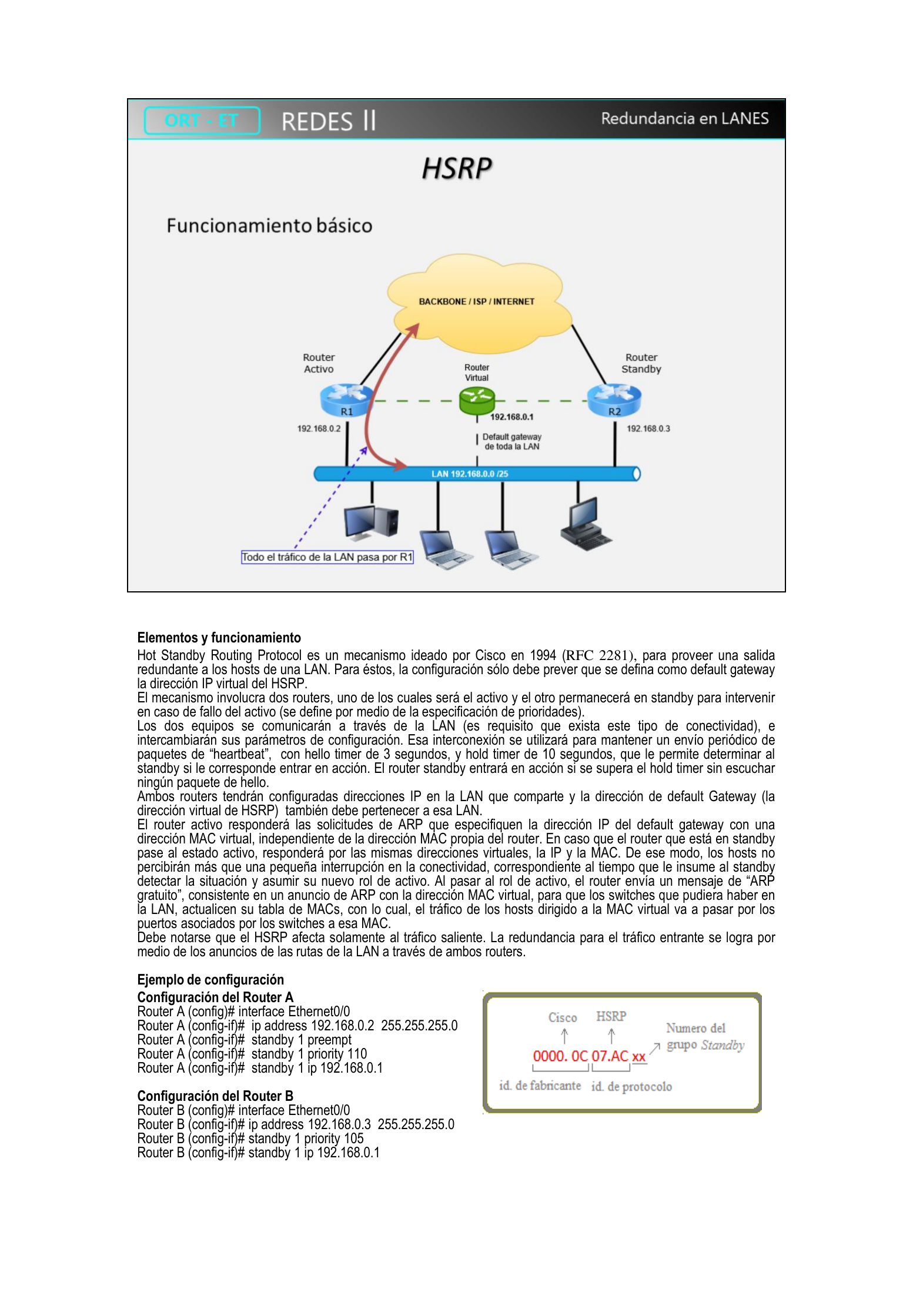 Diagrama de funcionamiento básico de HSRP con router activo R1 y standby R2, y configuración de ambos