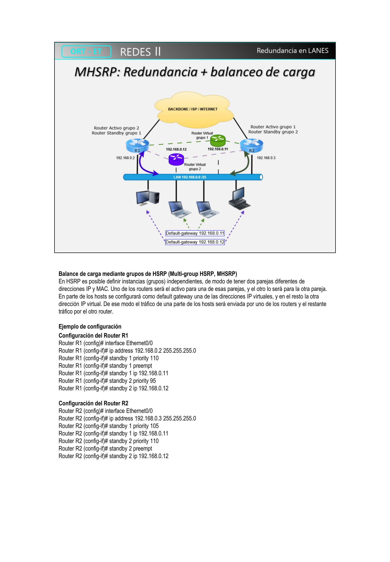 Diagrama de MHSRP con dos grupos HSRP, R1 activo del grupo 2 y standby del grupo 1, R2 activo del grupo 1 y standby del grupo 2
