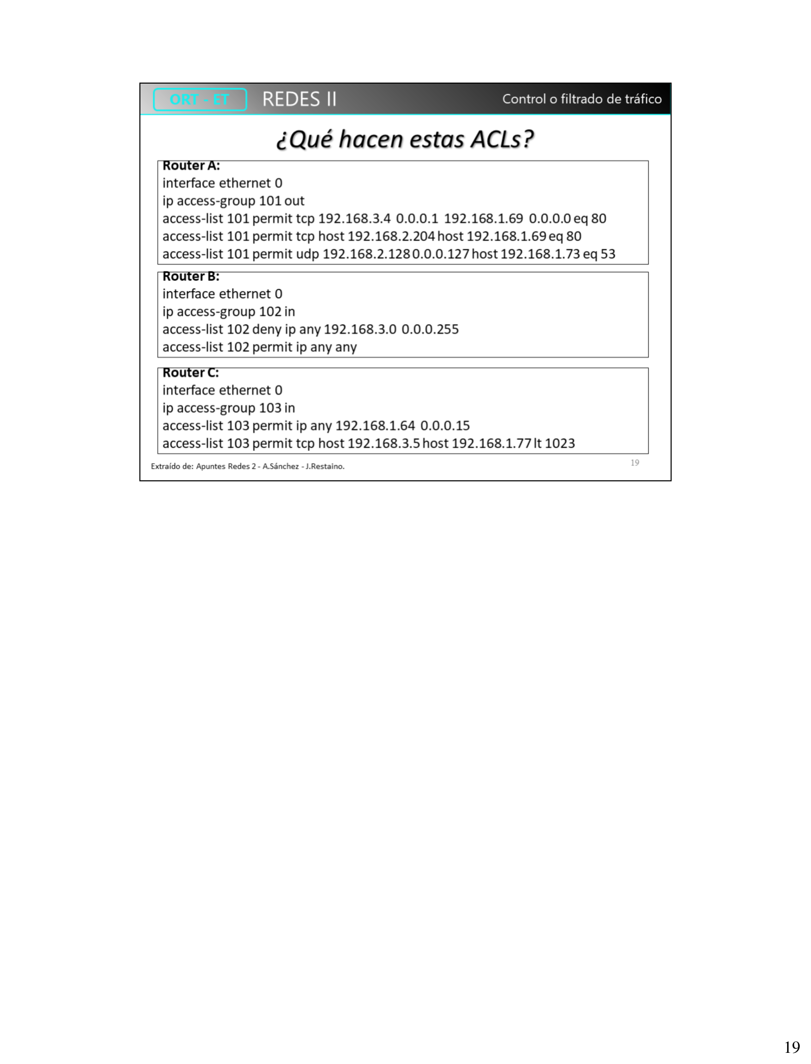 Configuración de ACLs en los routers A, B y C de la topología de ejemplo