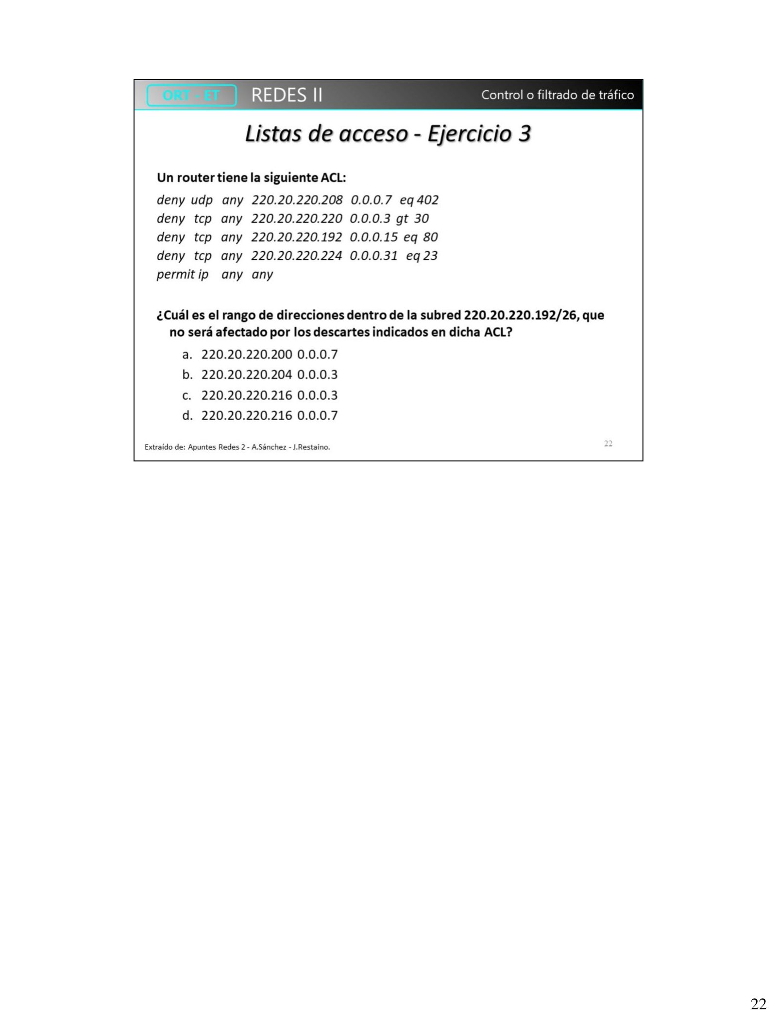 Ejercicio 3: pregunta de opción múltiple sobre rangos de subred no afectados por una ACL
