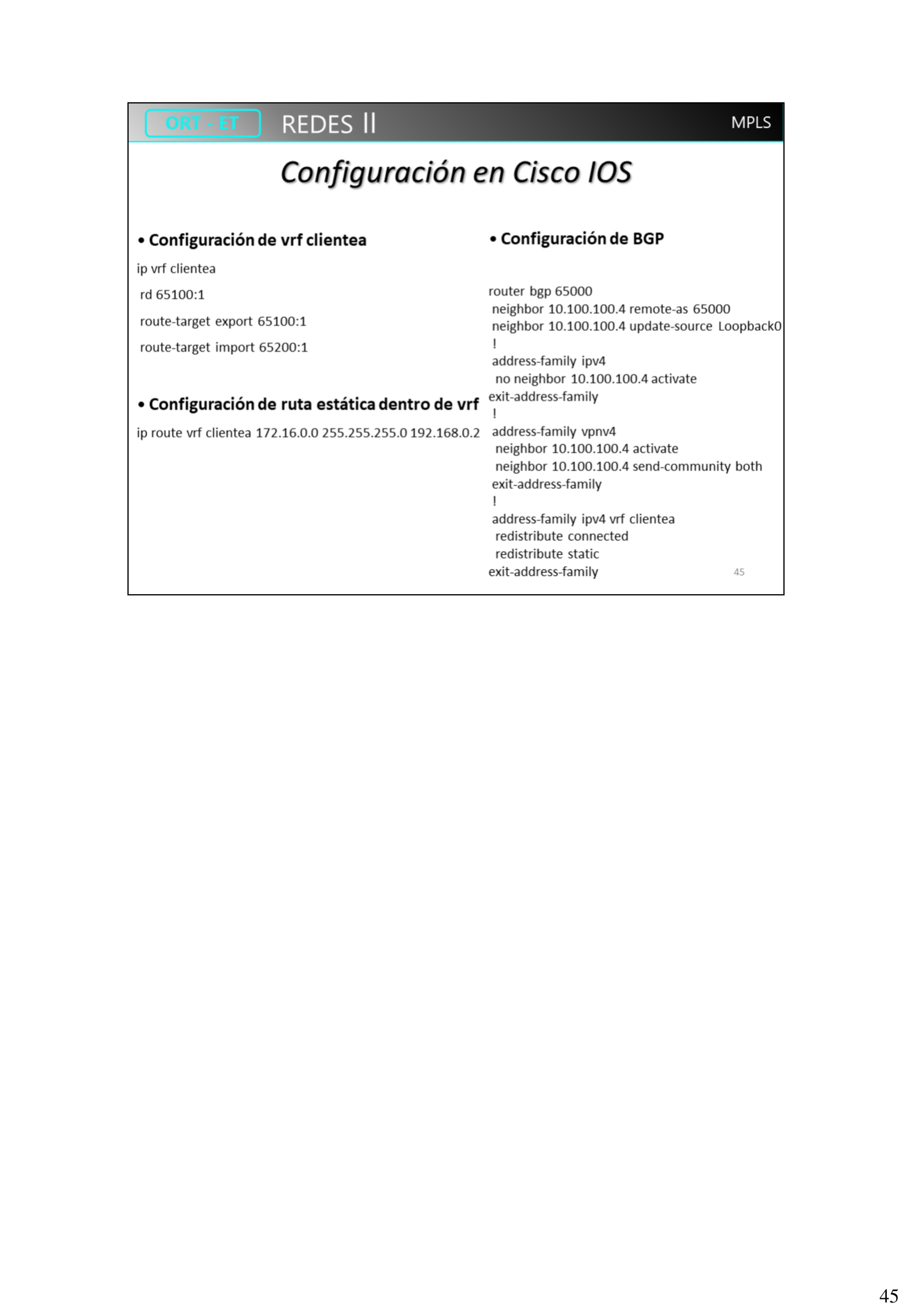 Configuración Cisco IOS de VRF y BGP vpnv4