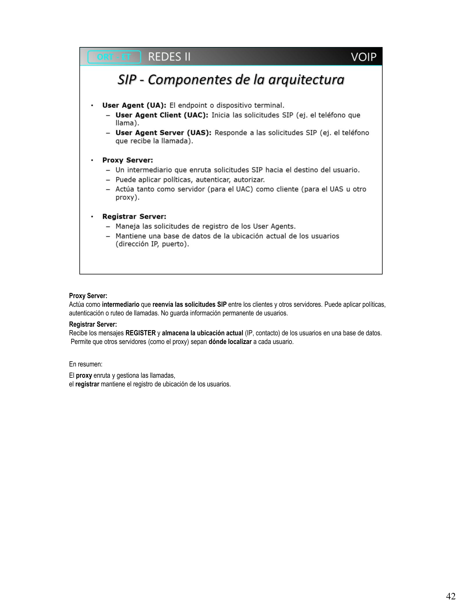 Componentes SIP: User Agent (UAC/UAS), Proxy Server, Registrar Server